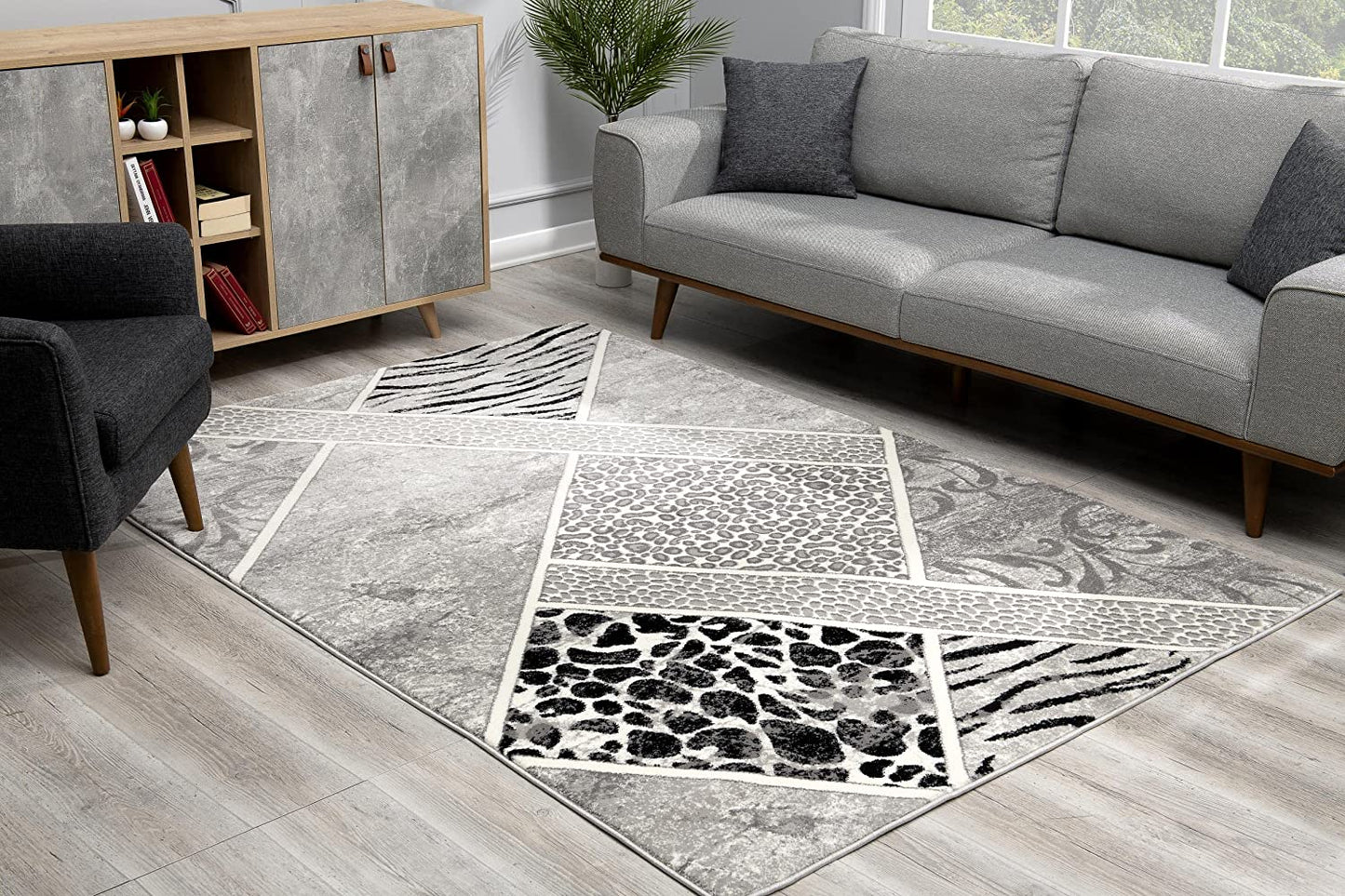 Montage Geometric Animal Print Grey Rug