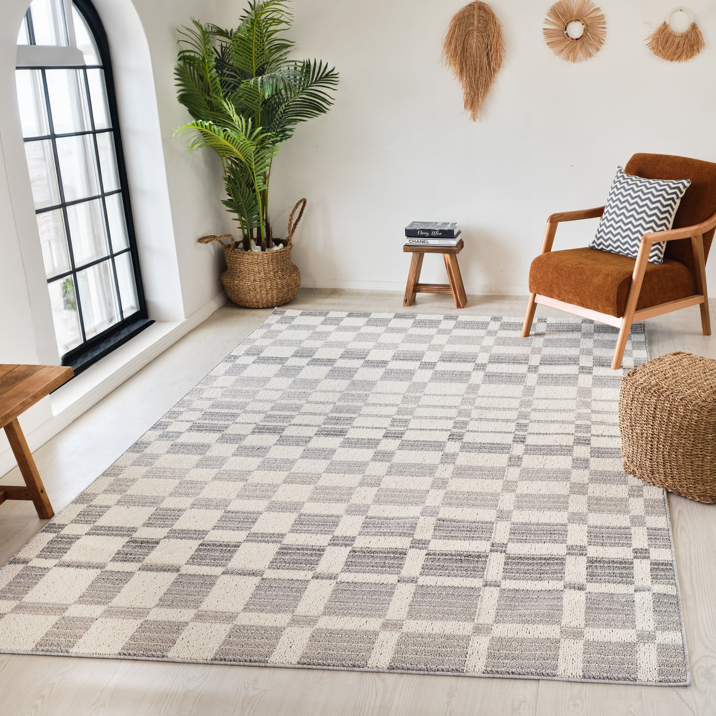 Tapis gris moderne à carreaux Jules