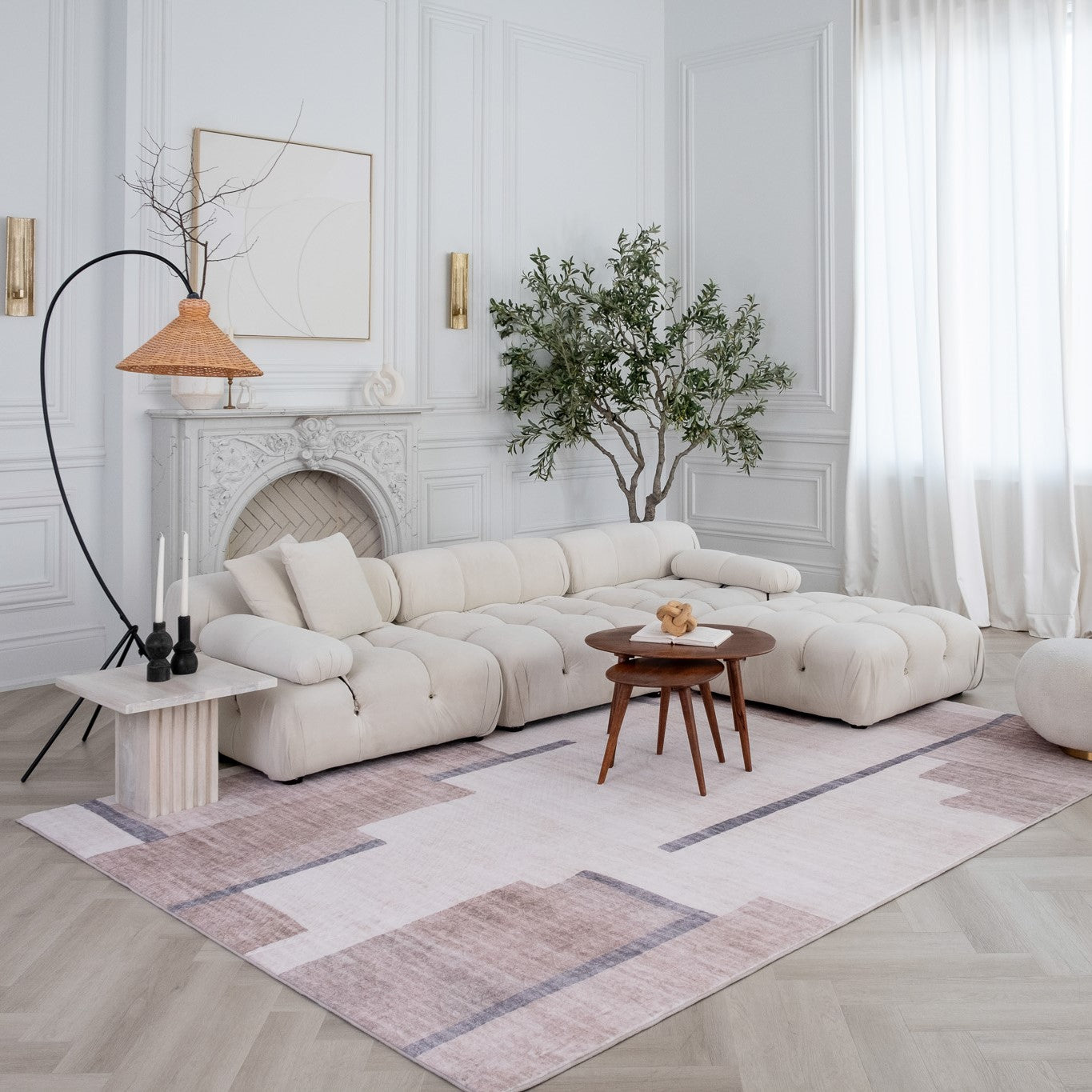 Tapis beige géométrique moderne du milieu du siècle Eclipse