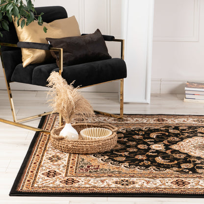 Tapis noir traditionnel persan majestueux