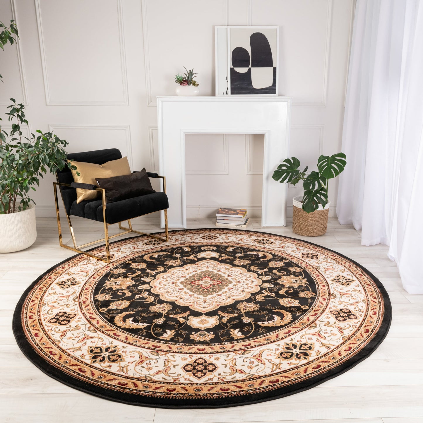 Tapis noir traditionnel persan majestueux