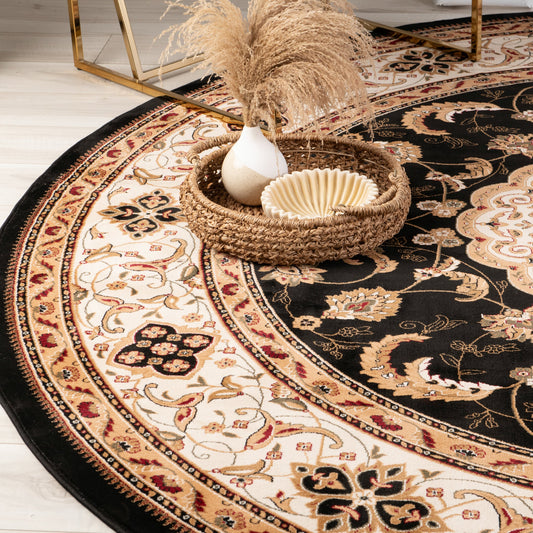 Tapis noir traditionnel persan majestueux