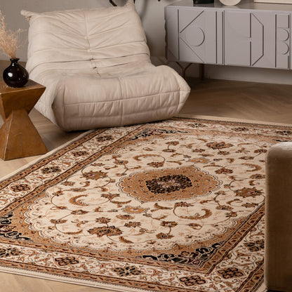 Tapis persan traditionnel beige majestueux